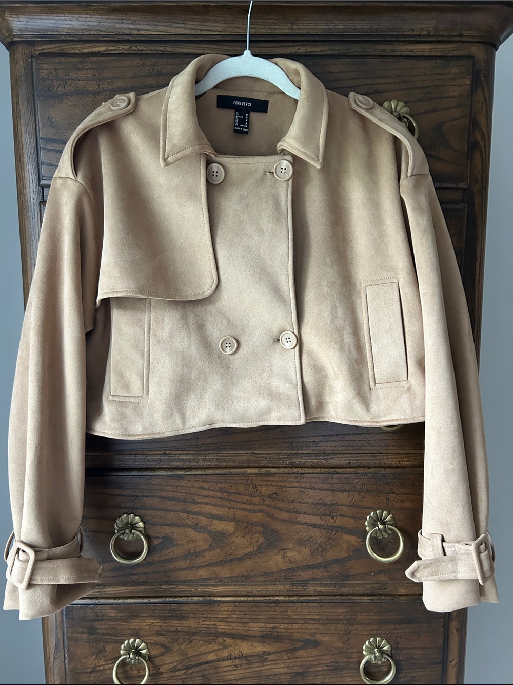 Forever 21 Cropped Tan Suede-Look Trench Coat, Size M